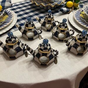 Mackenzie Childs Royal Check (Blue) Tea Kettle Napkin Rings, Set Of Six, NWT